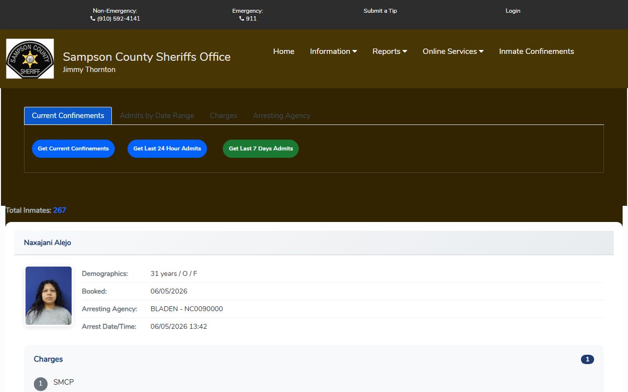 Sampson County arrest records inmate confinement search