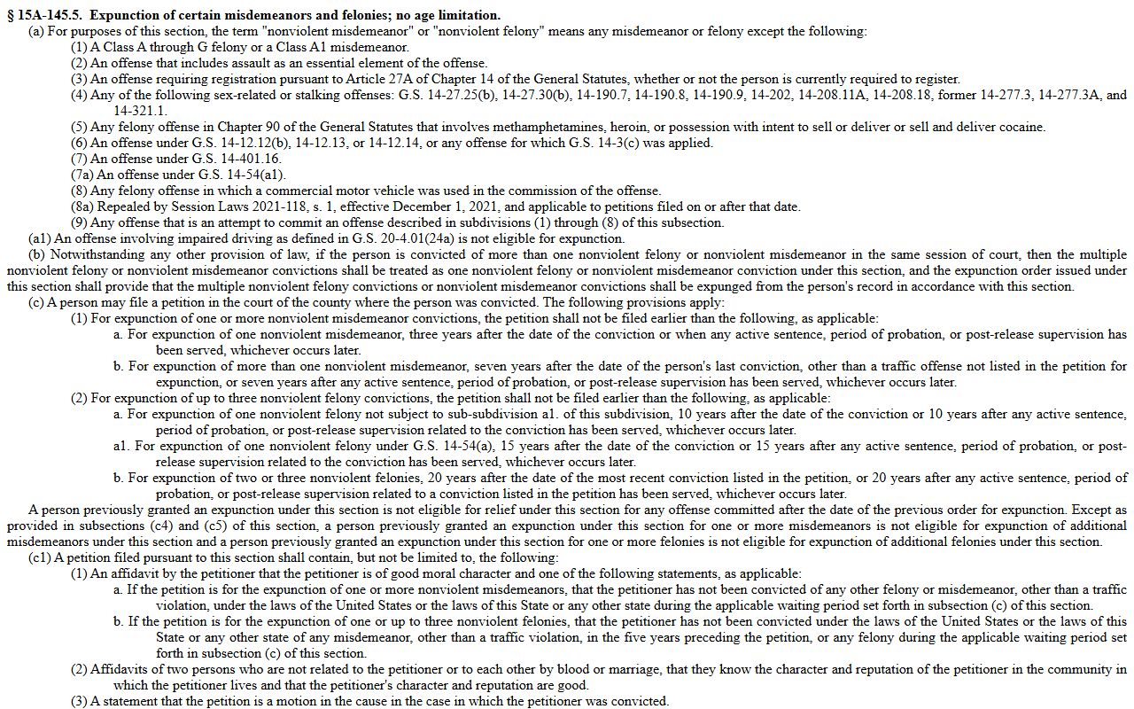 Sampson County criminal court records adult expunction statute