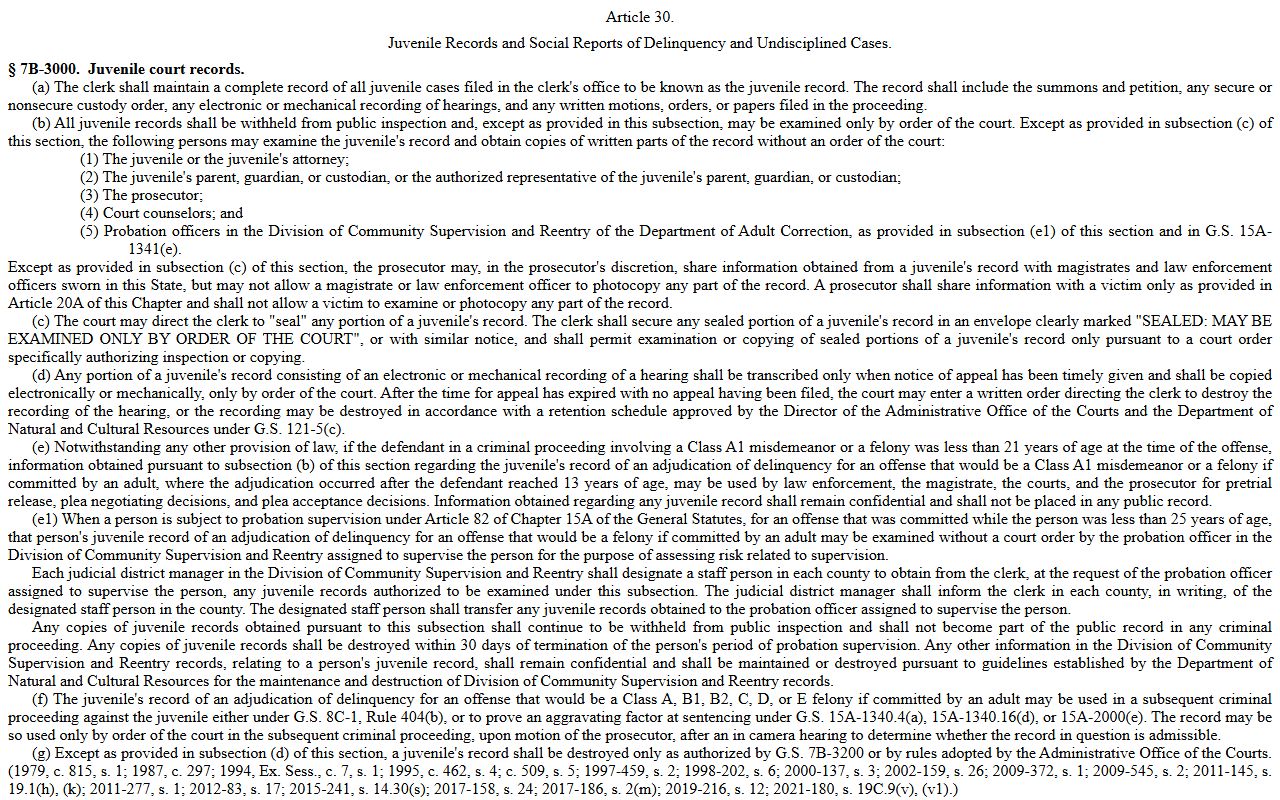 Sampson County criminal court records juvenile court record restriction
