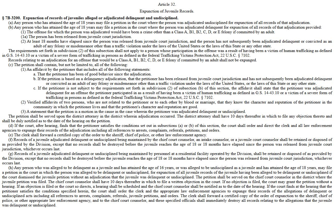 Sampson County criminal court records juvenile expunction statute