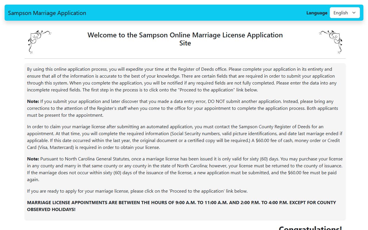 Sampson County online marriage application submission site