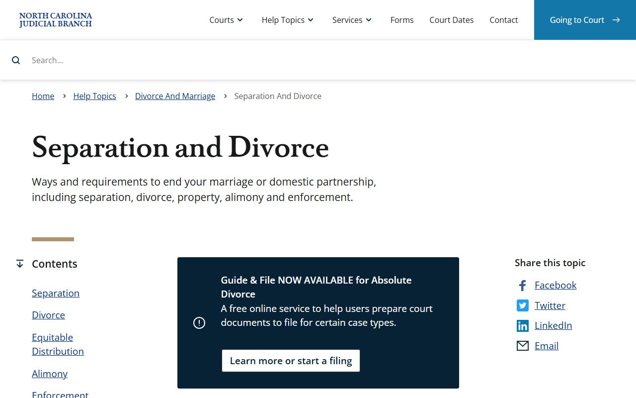 North Carolina separation and divorce guidance for divorce records