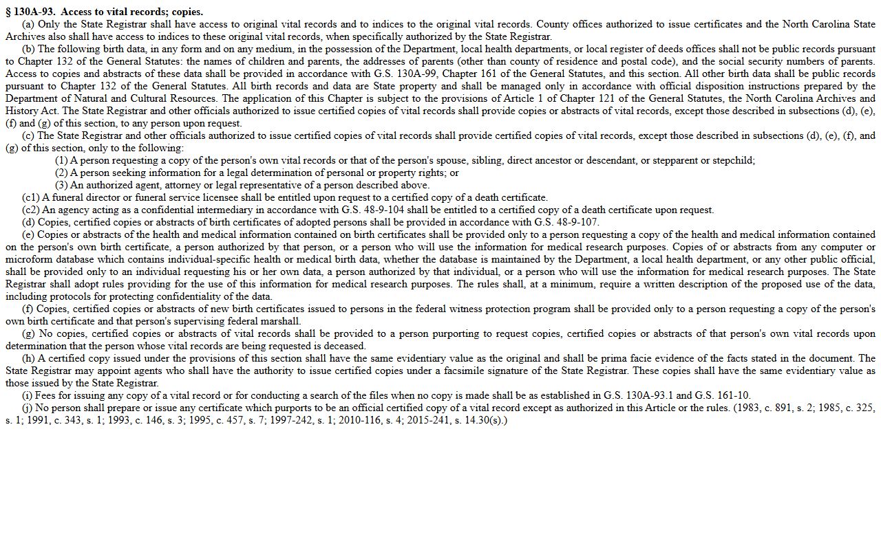 Sampson County probate records G.S. 130A-93 vital records access