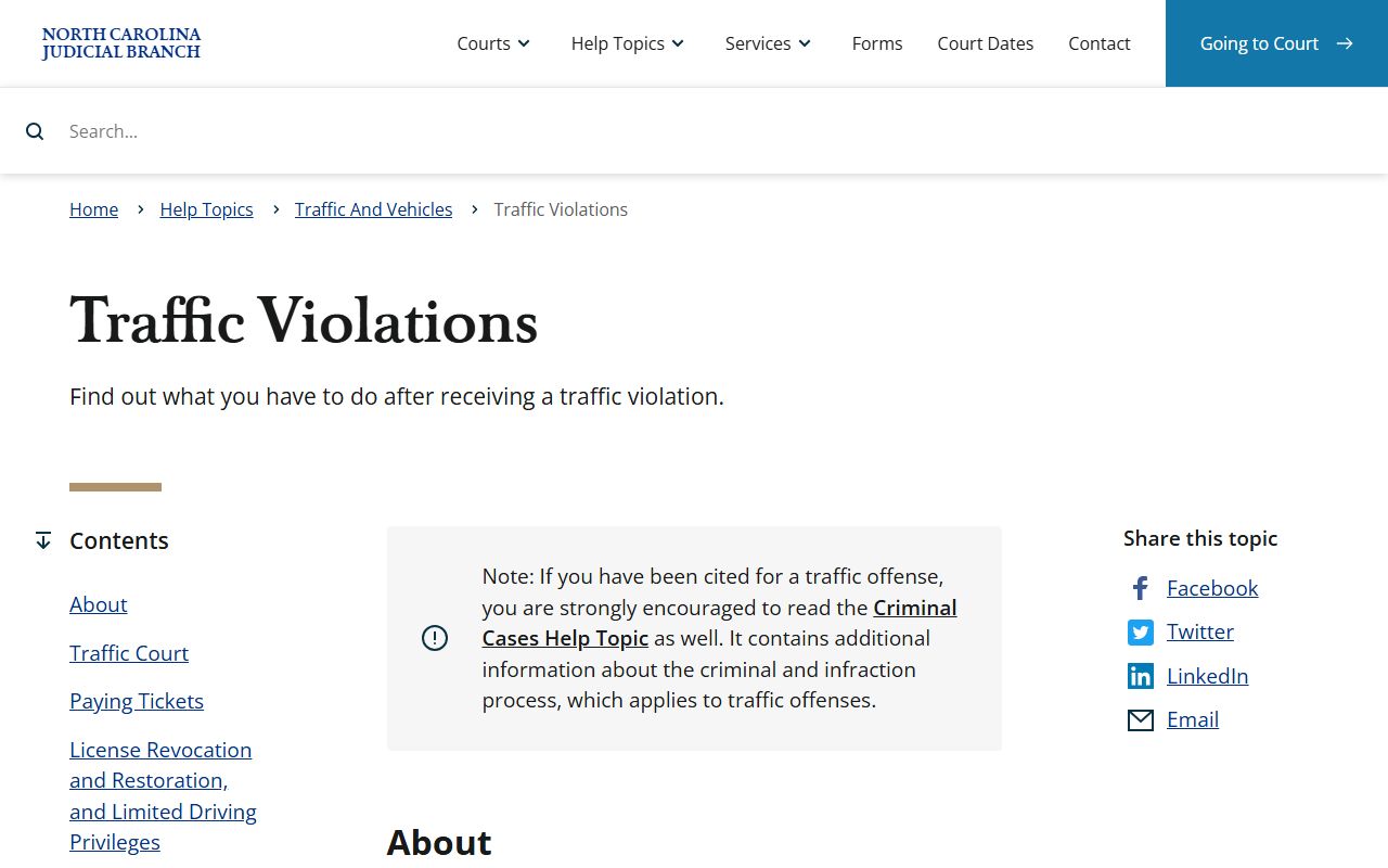 North Carolina traffic violations guidance for citation records