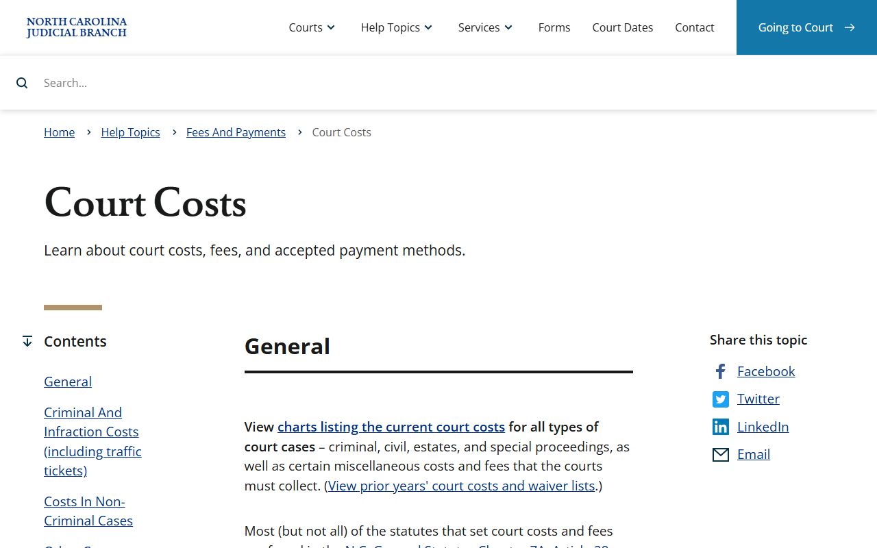North Carolina court costs guidance for traffic payment records