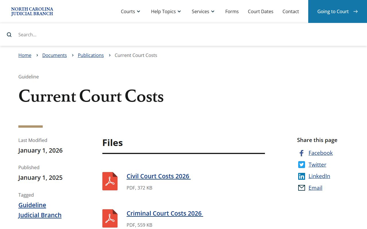 Current North Carolina court costs publication for traffic court costs
