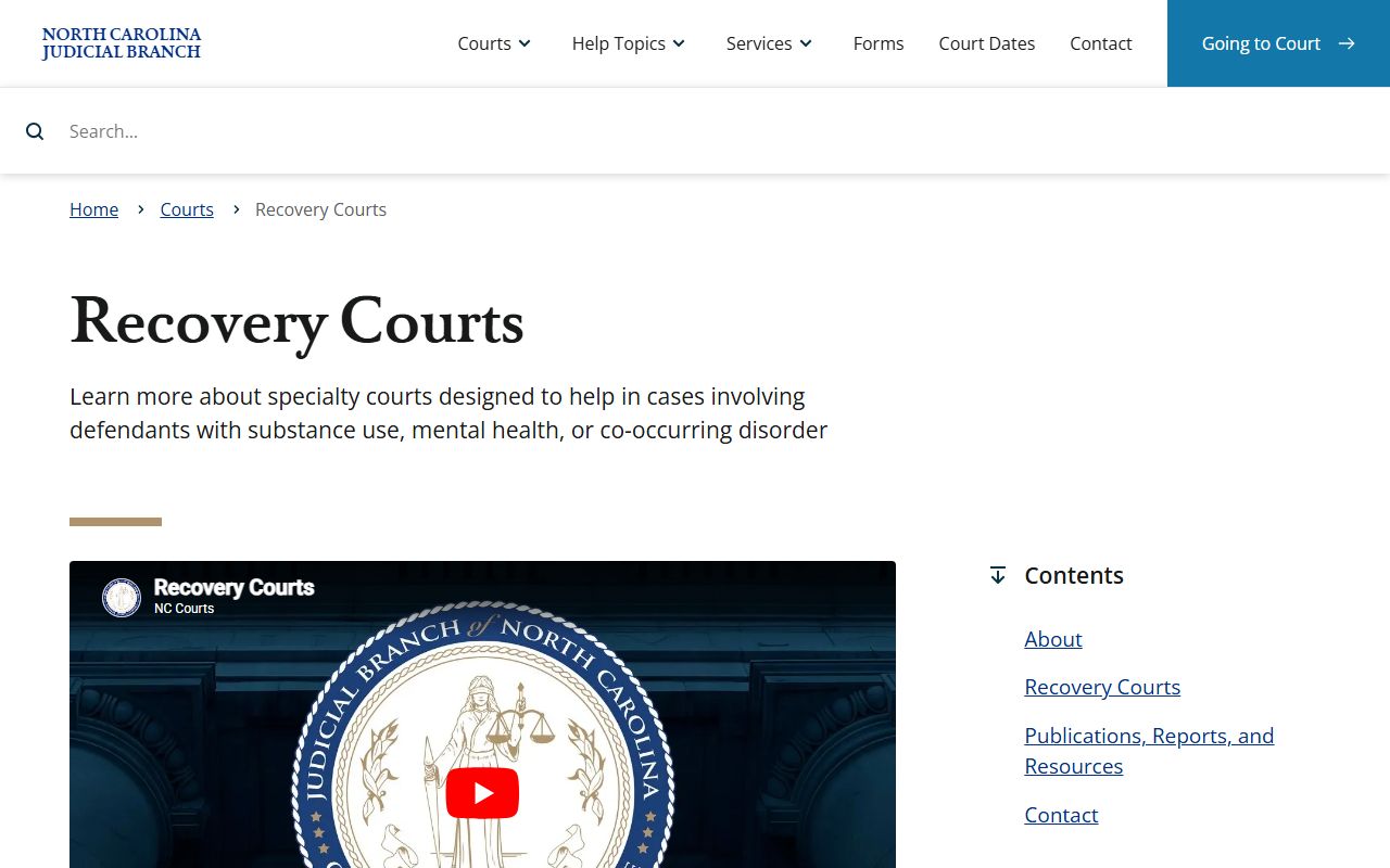 North Carolina Recovery Courts information connected to criminal court supervision